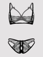 Lovehoney Black Quarter Cup Bra and Crotchless Panties Set