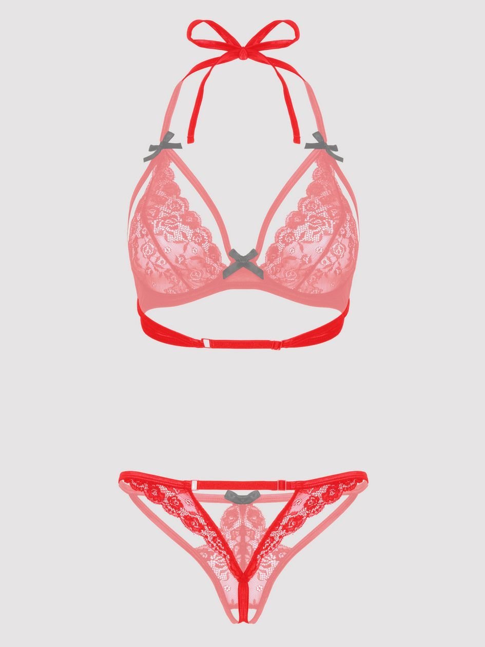 a36263g70292.jpg Lovehoney Red Underwired Lace Triangle Bra & Crotchless G-String Set - Image 1