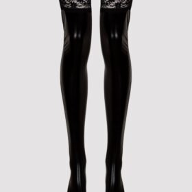 Lovehoney Fierce Plus Size Black Wet Look Thigh Highs with Lace Tops