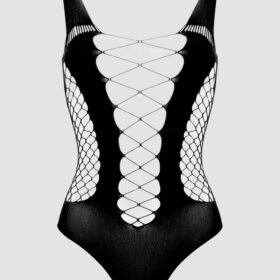 Lovehoney Plus Size Black Deep Plunge Fence Net Teddy