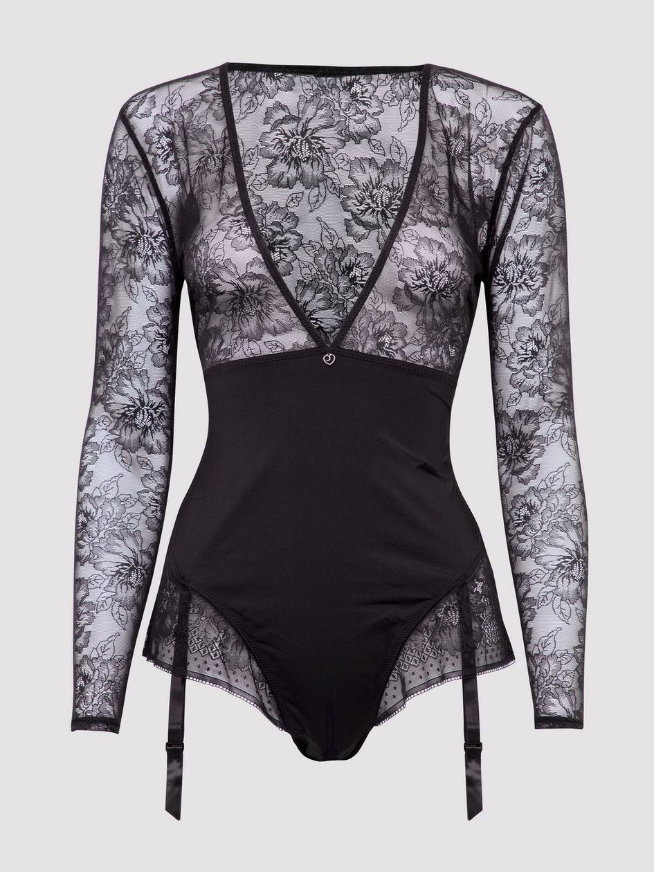a45973g82789.jpg Lovehoney Plus Size Hourglass Black Smoothing Long Sleeve Crotchless Teddy - Image 1