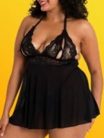 Lovehoney Plus Size Peek-a-Boo Black Lace Babydoll Set - Image 3