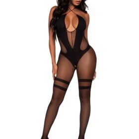 Leg Avenue Black Illusion Opaque and Sheer Halter Crotchless Bodystocking
