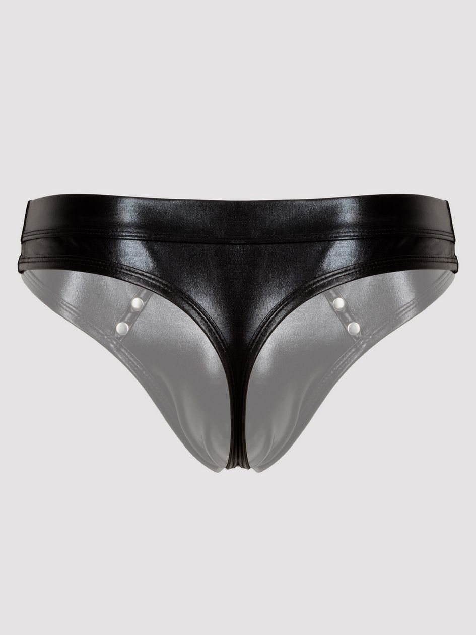 a48195g85939.jpg LHM Tough Love Black Wet Look Studded Thong - Image 1