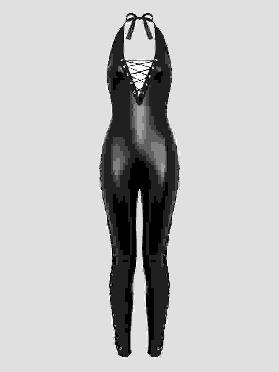 a48198g85949.jpg Lovehoney Plus Size Fierce Leather Look Lace-Up Black Catsuit - Image 1