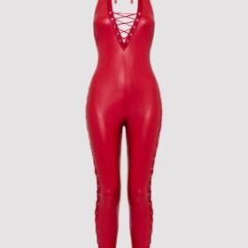Lovehoney Plus Size Fierce Leather Look Lace-Up Red Catsuit