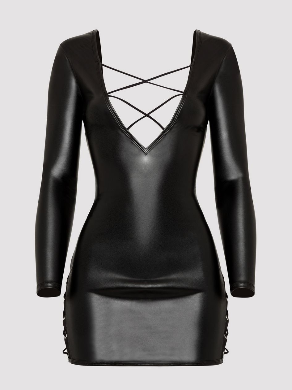 a48200g85954.jpg Lovehoney Plus Size Fierce Leather Look Lace-Up Black Long Sleeve Dress - Image 1