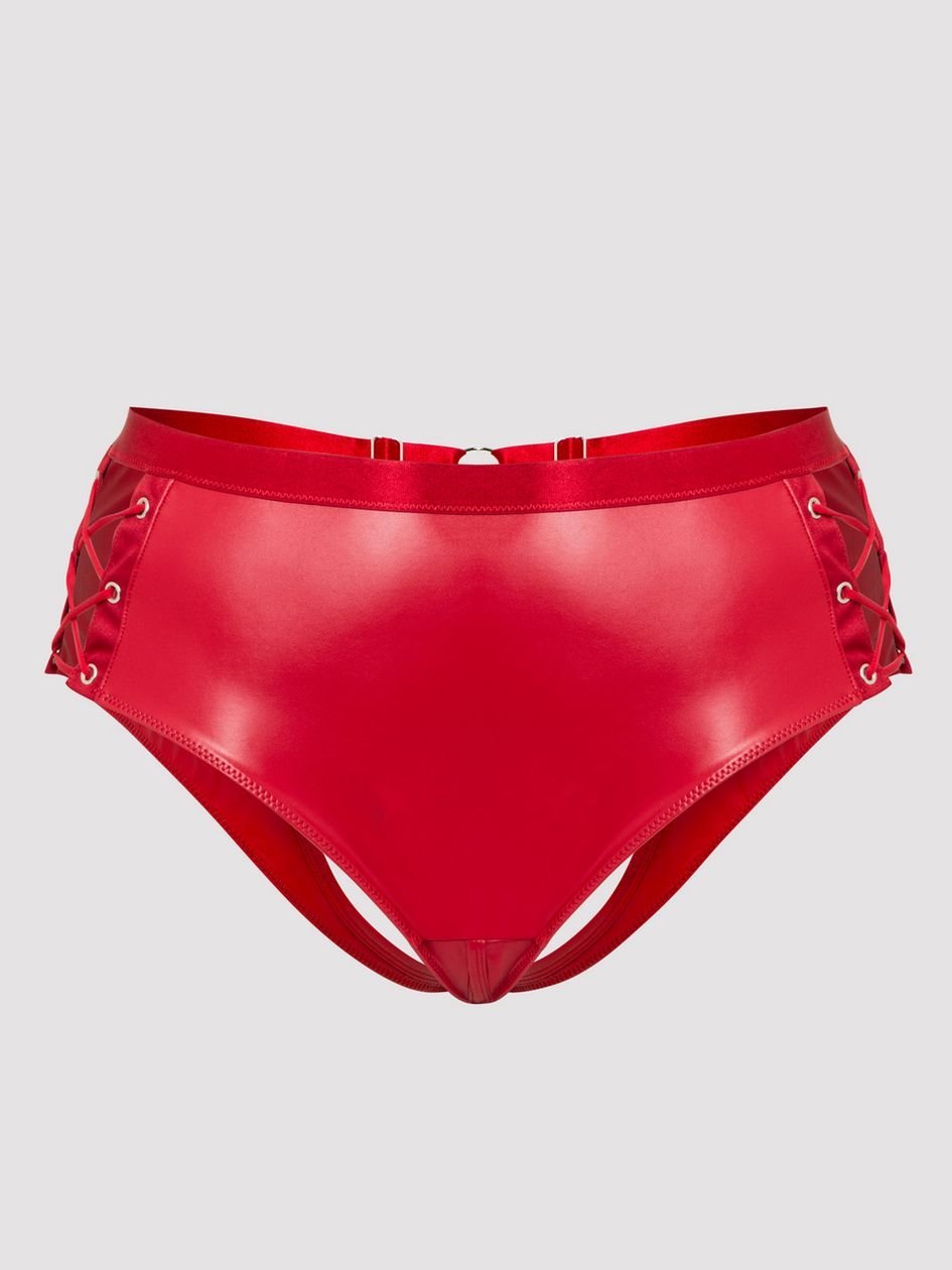 a48205g86248.jpg Lovehoney Plus Size Fierce Leather Look Lace-Up Open-Back Red Crotchless Knickers - Image 1