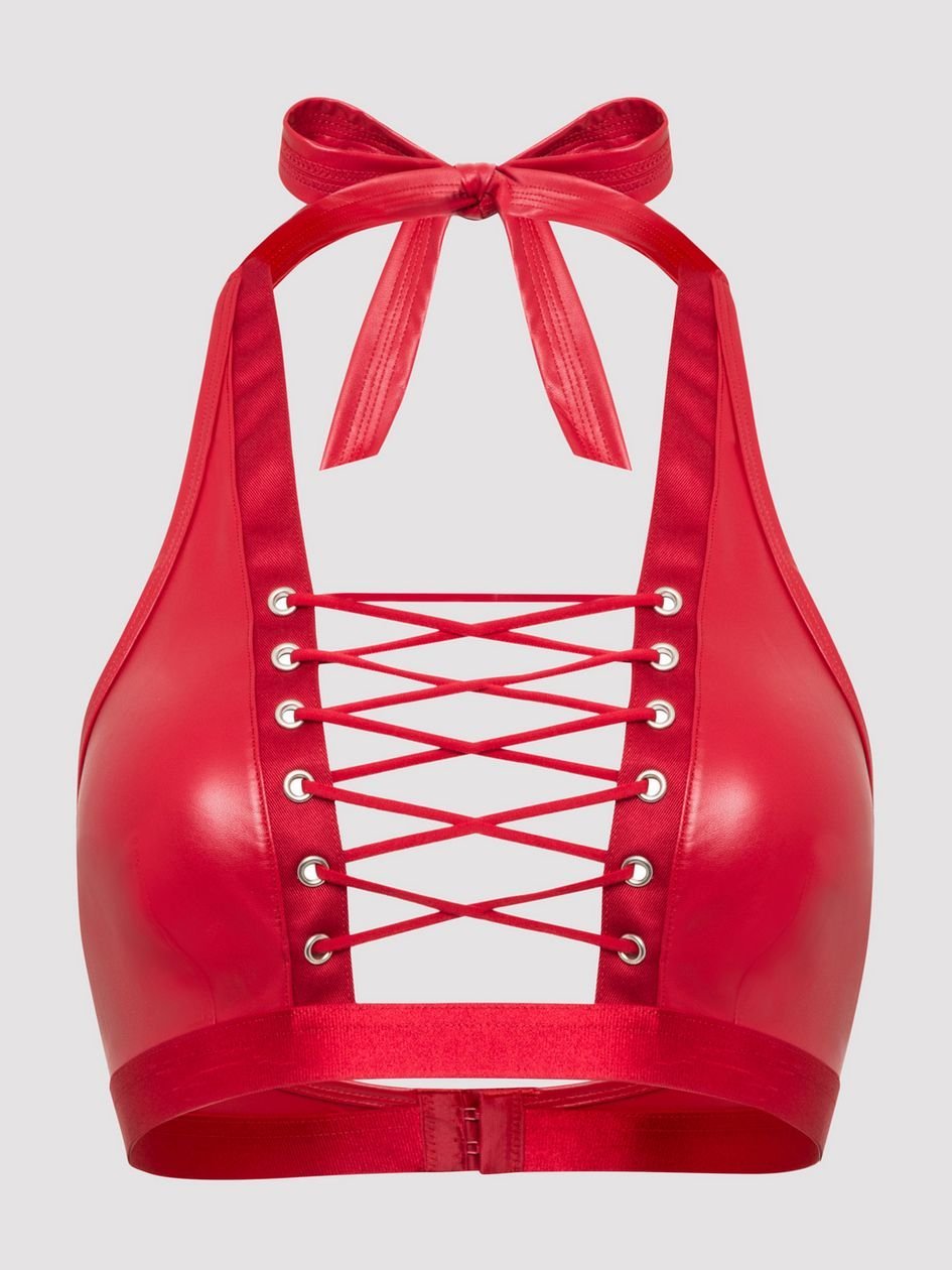 a48411g86227.jpg Lovehoney Fierce Leather Look Lace-Up Red Halterneck Bra - Image 1