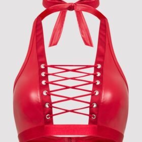 Lovehoney Plus Size Fierce Leather Look Lace-Up Red Halterneck Bra
