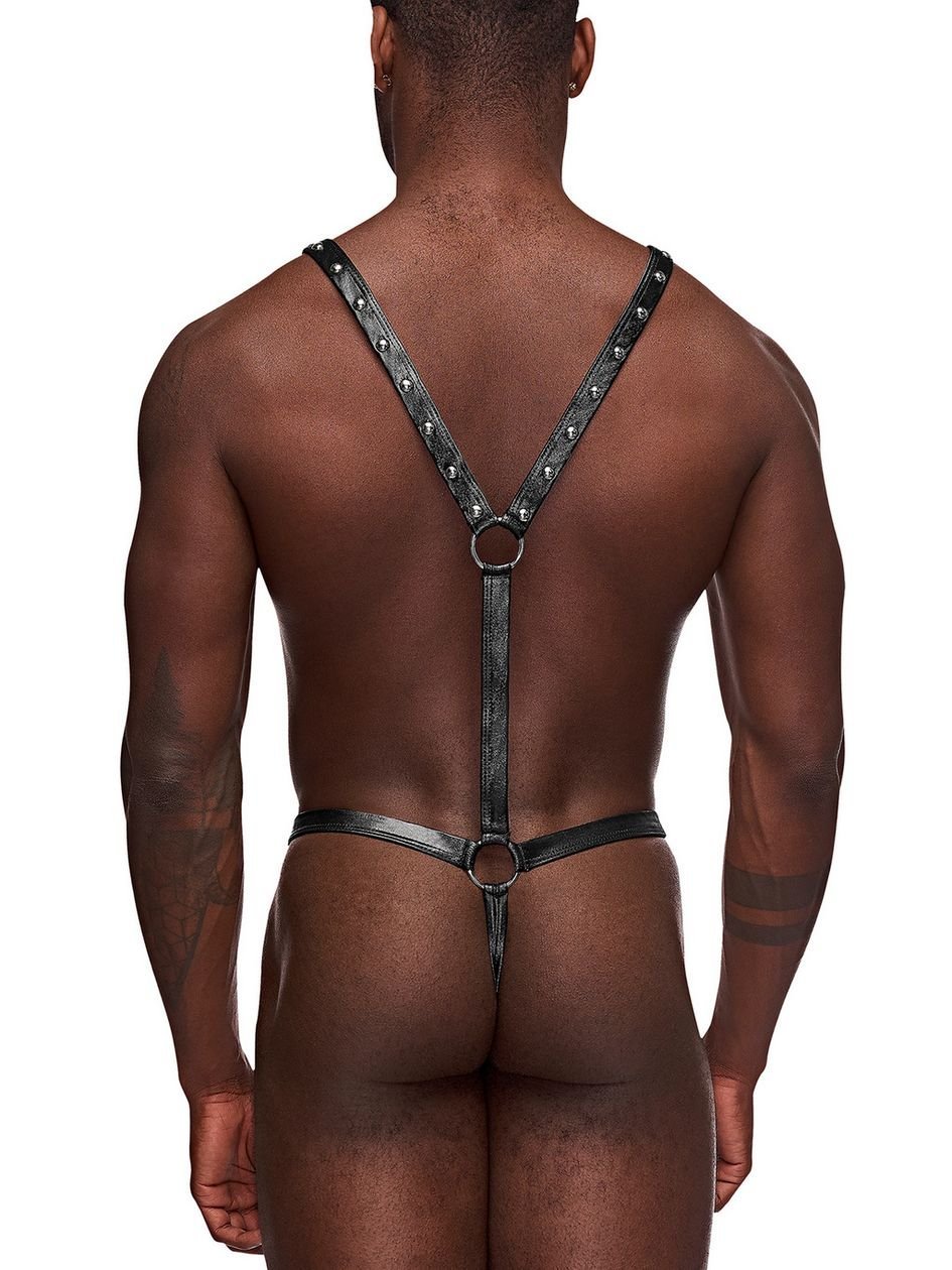 a49876g87949.jpg Male Power Black Studded Wet-Look Harness Thong - Image 1