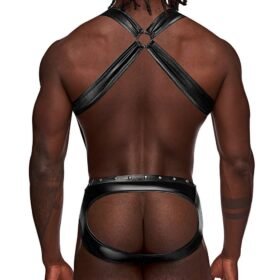 Male Power Black Studded Wet Look Harness Jockstrap