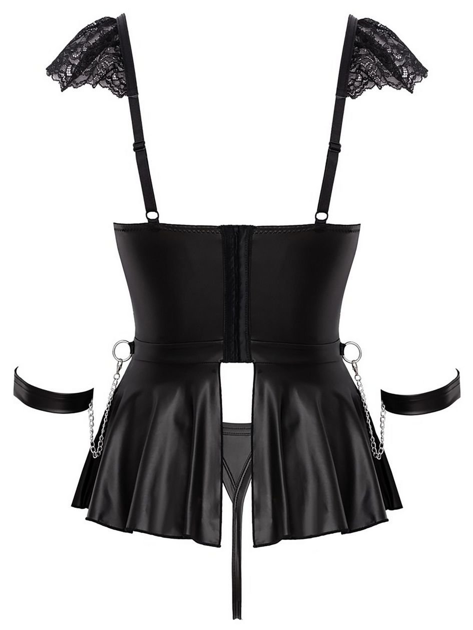a50092g88223.jpg Cottelli Black Crotchless Wet Look and Lace Restraint Dress - Image 1